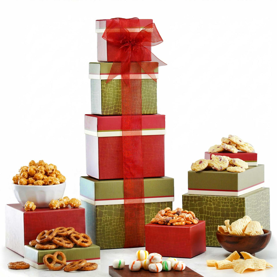 Broadway Basketeers 4-Box Gourmet Food Tower front view, ideal for gifting celebrations.