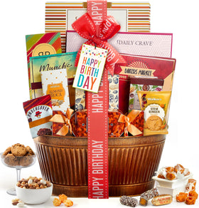 Broadway Basketeers birthday basket front view, ready to gift and delight.