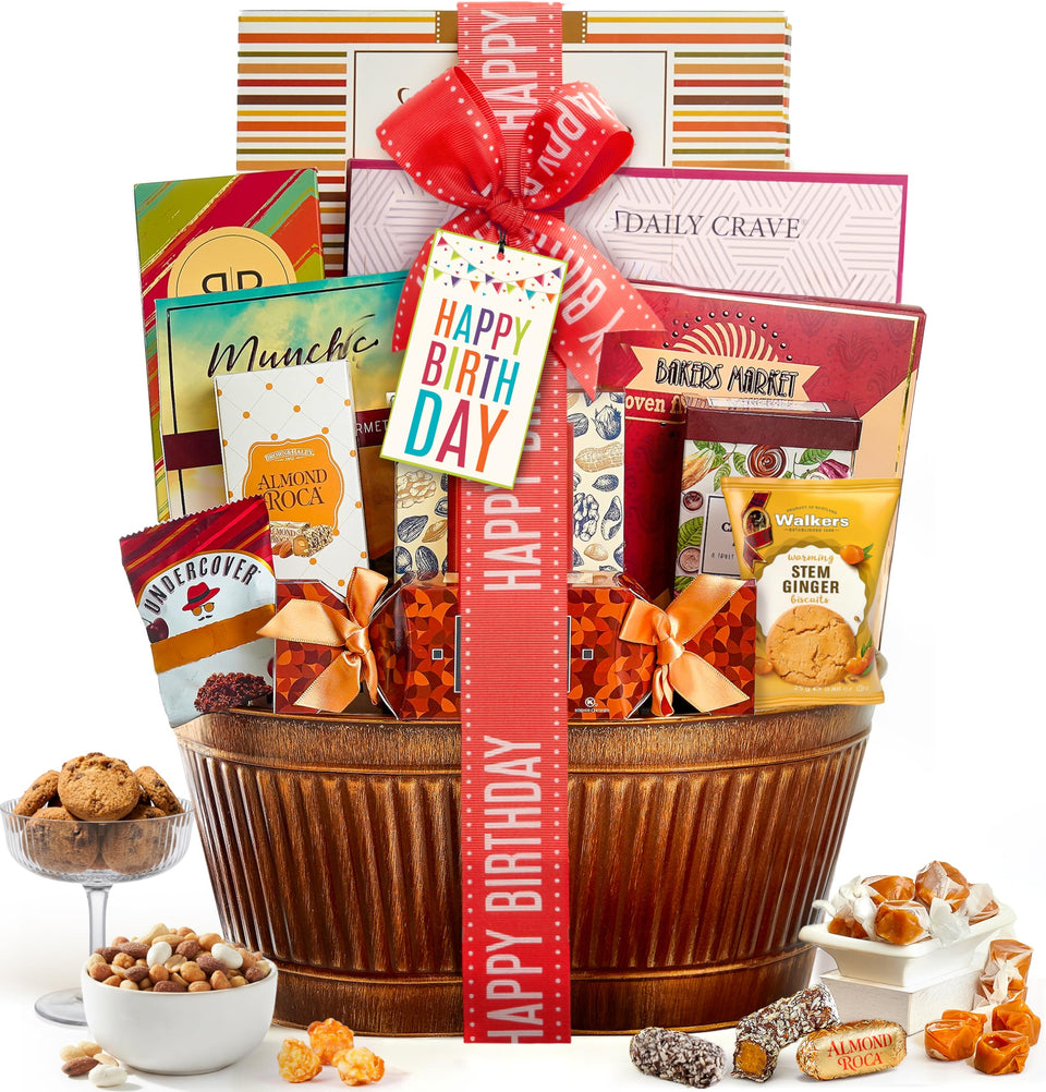 Broadway Basketeers birthday basket front view, ready to gift and delight.