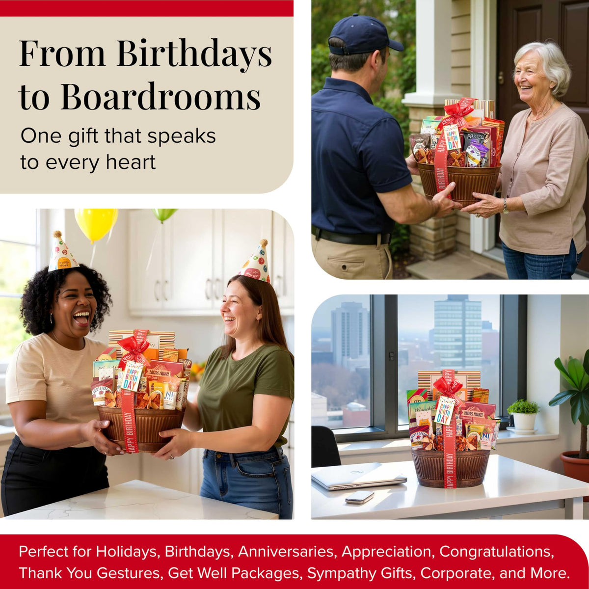 Broadway Basketeers birthday basket fruit cookies, colorful and light option for guests.