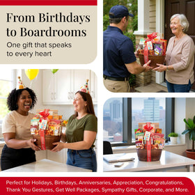 Broadway Basketeers birthday basket fruit cookies, colorful and light option for guests.