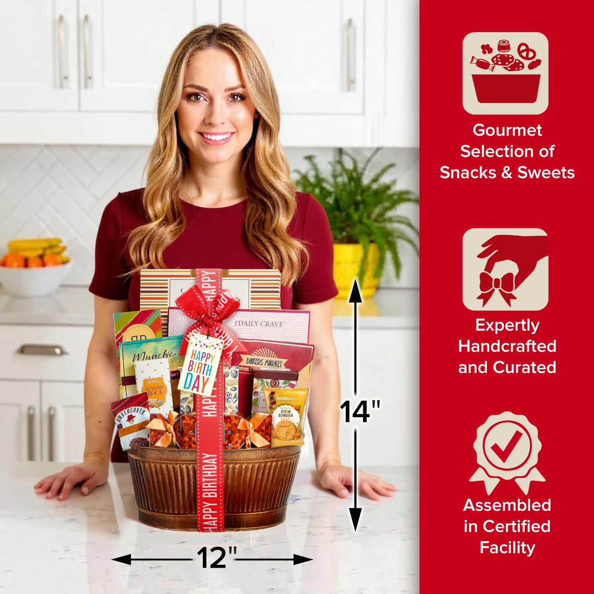 Broadway Basketeers birthday basket pretzels and trail mix, savory grazing picks.