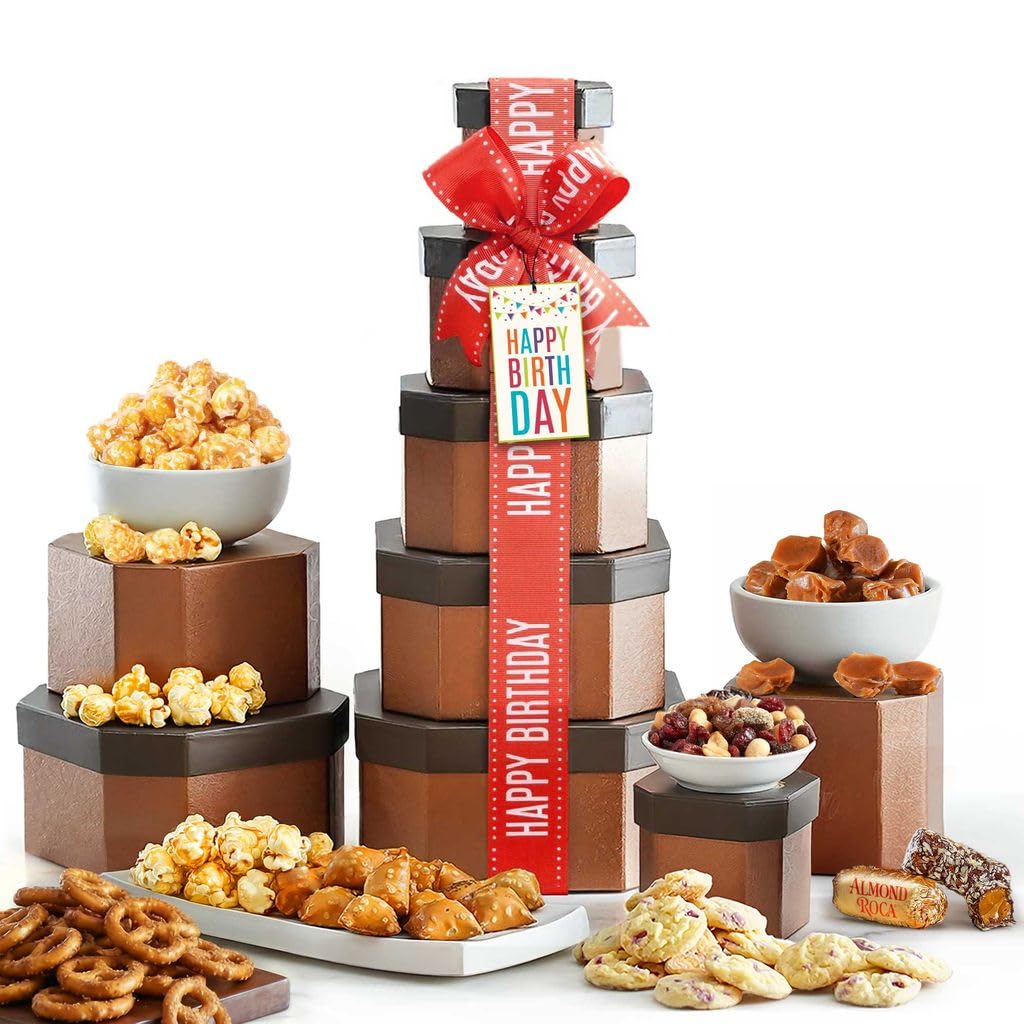 Broadway Basketeers birthday gift basket tower exterior, festive presentation for celebrations