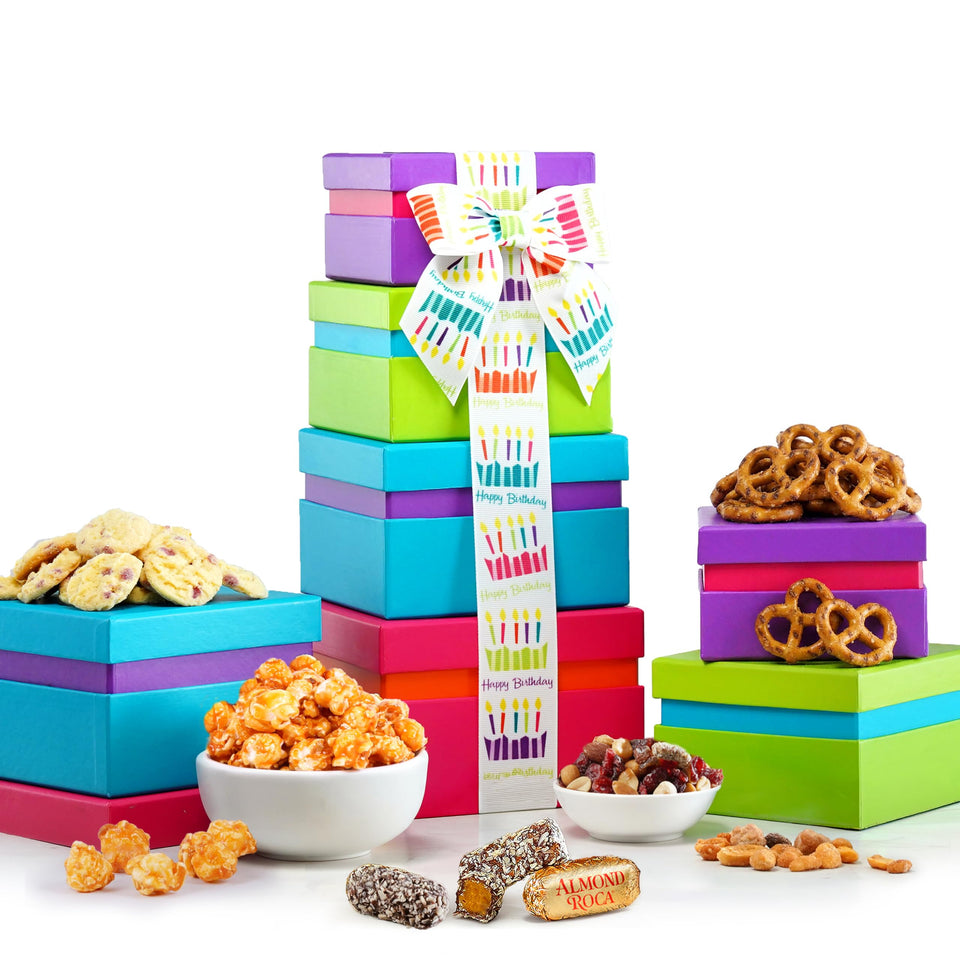 Broadway Basketeers Birthday Gift Basket Tower front view with colorful snacks for sharing.