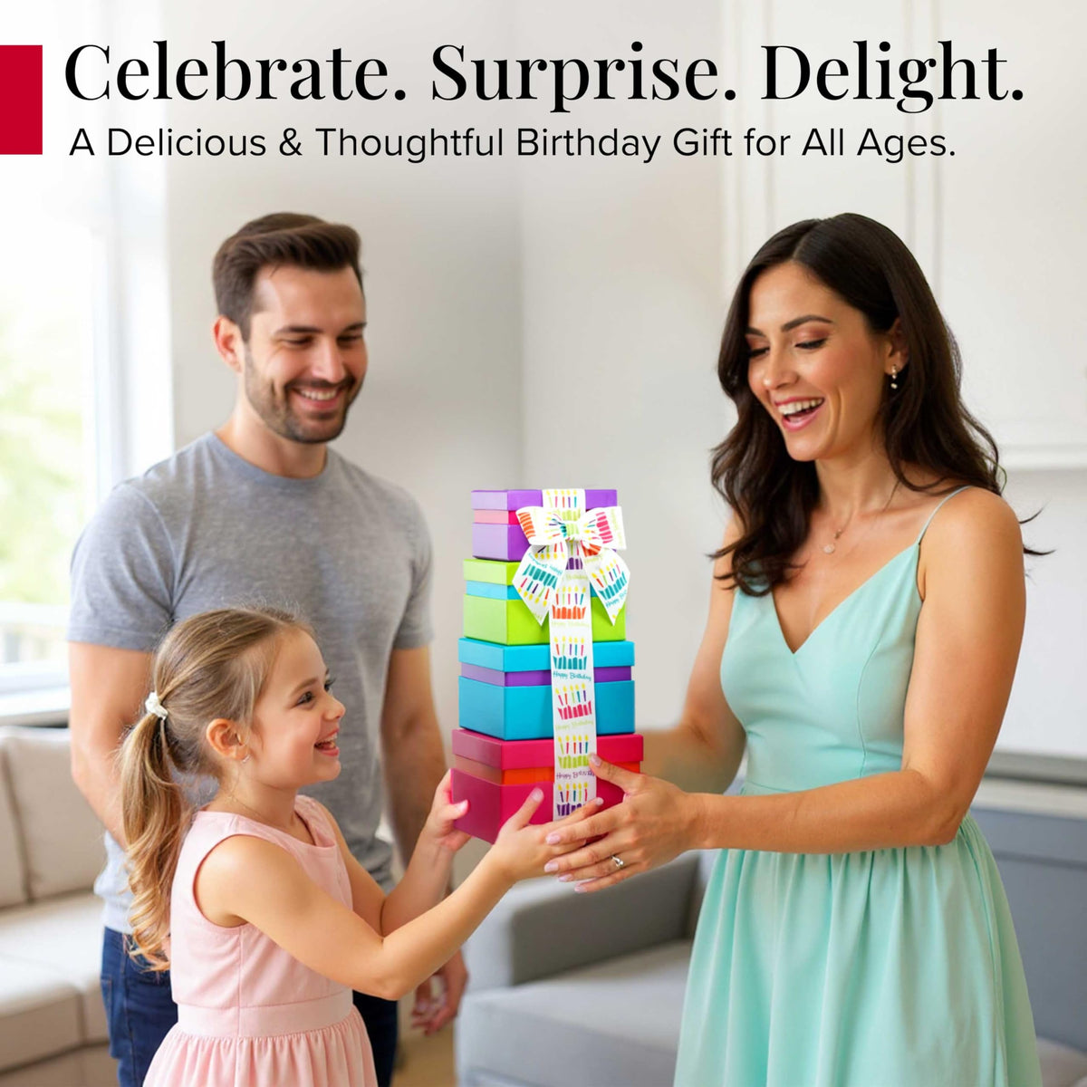 Broadway Basketeers Birthday Gift Basket Tower open box showing curated treats.