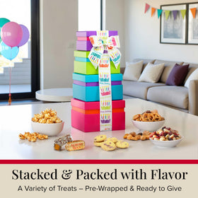 Broadway Basketeers Birthday Gift Basket Tower snack variety close-up of bite-sized options.