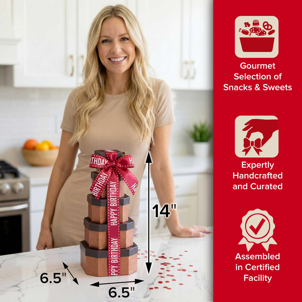 Broadway Basketeers birthday gift tower open display showing a complete treat collection
