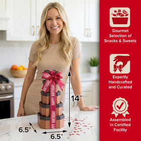 Broadway Basketeers birthday gift tower open display showing a complete treat collection