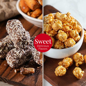 Broadway Basketeers birthday gift basket tower gourmet popcorn close-up, ideal for sharing