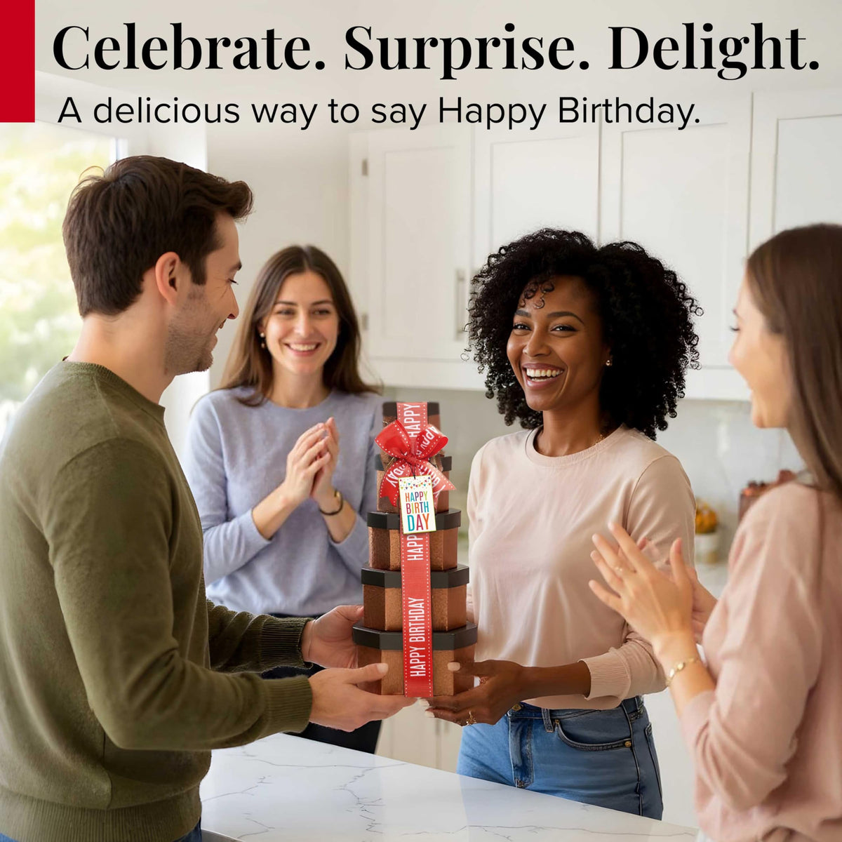 Broadway Basketeers birthday gift basket tower reusable container, ready to repurpose