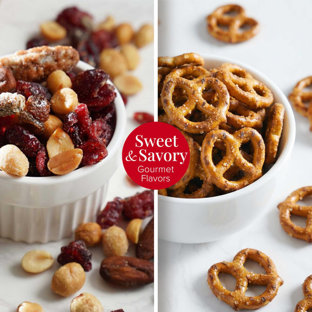 Broadway Basketeers birthday gift basket tower pretzels and candies, sweet and savory variety