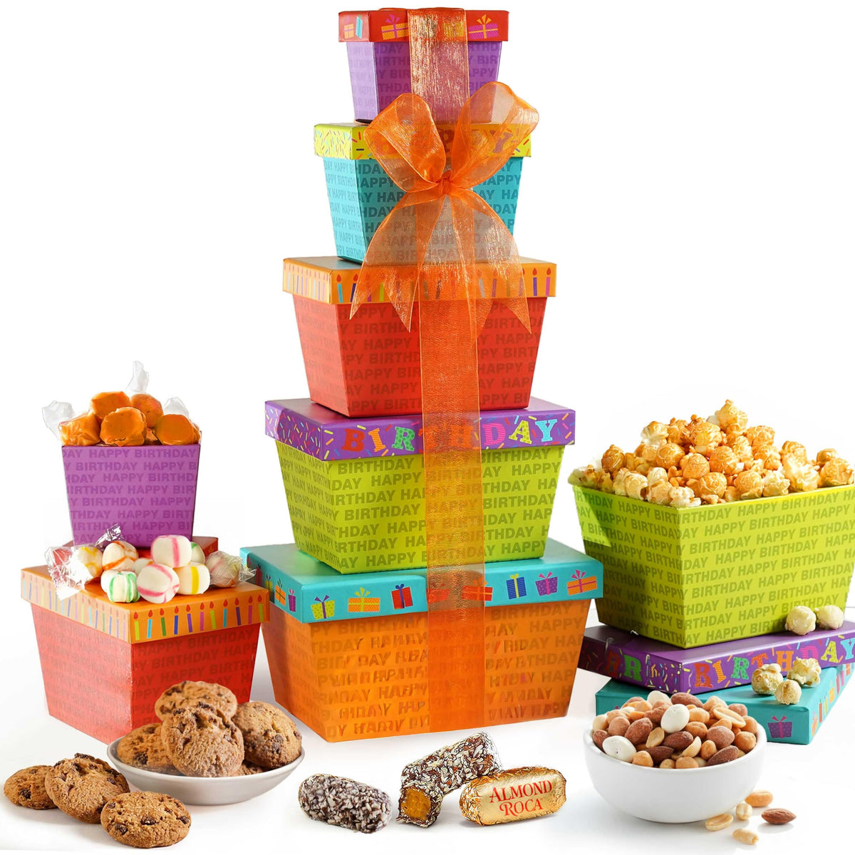 Broadway Basketeers birthday gift tower as a festive centerpiece for celebrations.