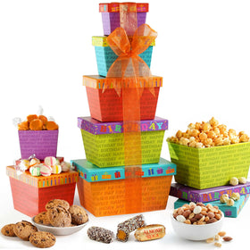 Broadway Basketeers birthday gift tower as a festive centerpiece for celebrations.