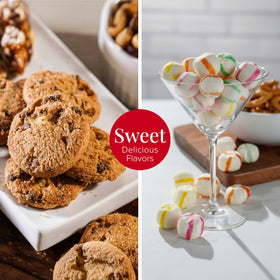 Assorted gourmet cookies, trail mix, popcorn, nuts and sweets in deluxe package