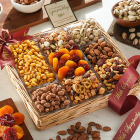 Broadway Basketeers Fruit & Nuts Sympathy Gift Basket closeup showcases premium fruit and nuts for condolence.