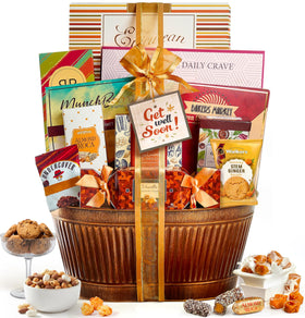 Broadway Basketeers Get Well Basket cover with ribbon, ready-to-gift presentation.