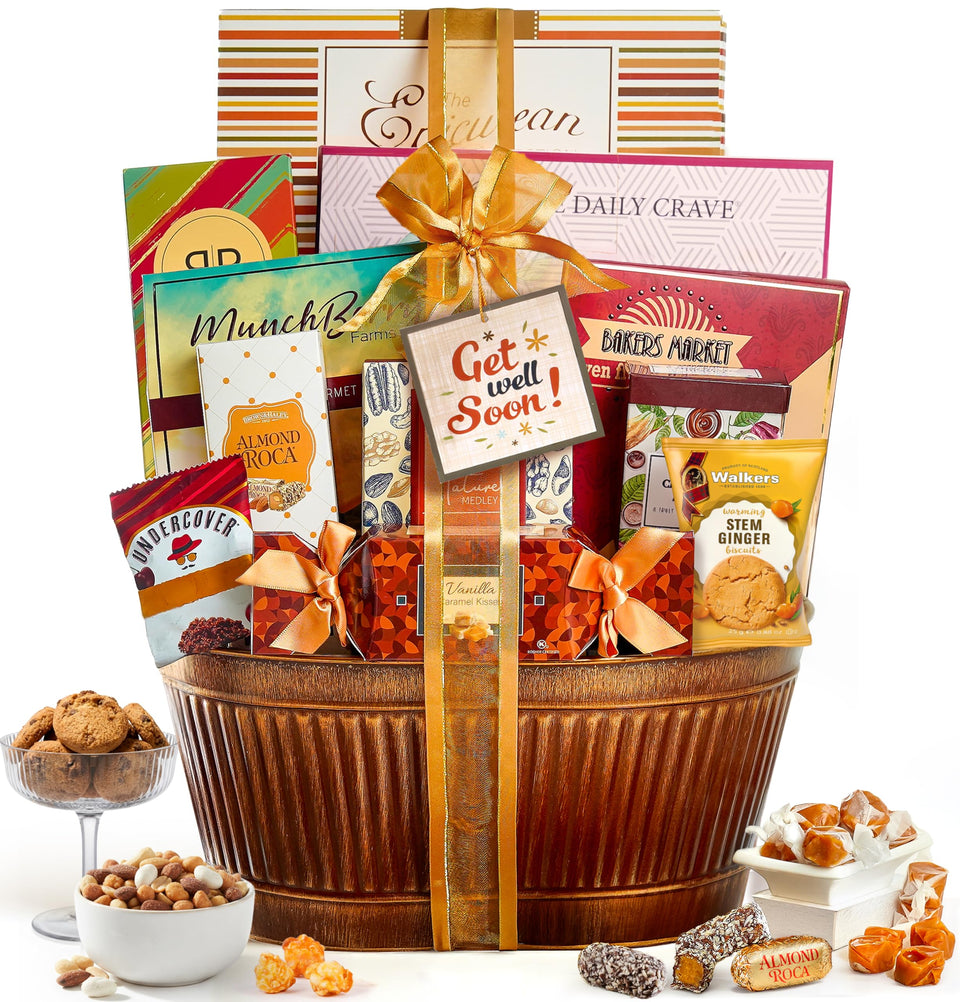 Broadway Basketeers Get Well Basket cover with ribbon, ready-to-gift presentation.
