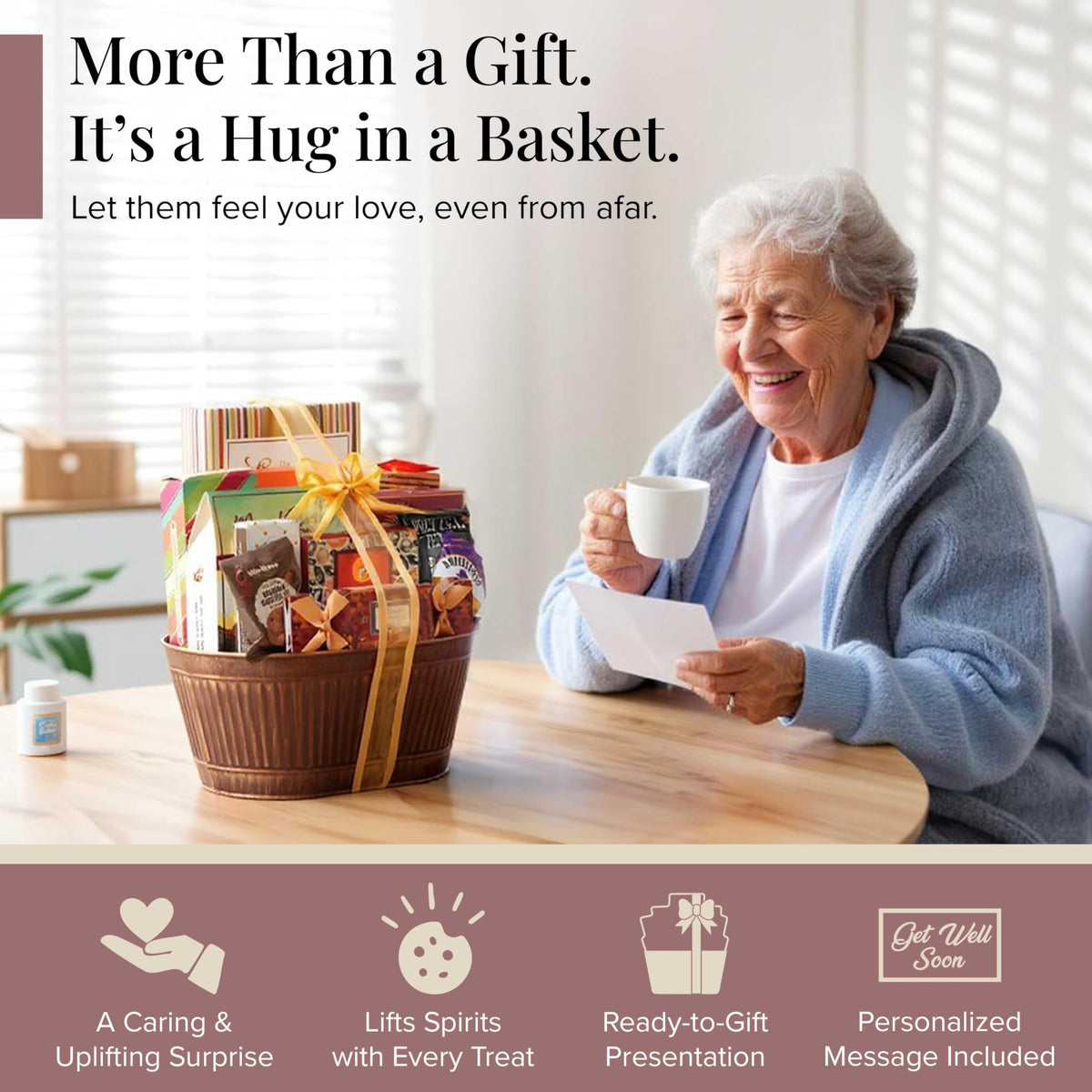 Broadway Basketeers Get Well Basket inside showing comforting snack assortment.