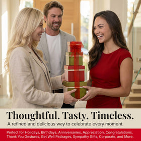 Broadway Basketeers gift tower side view highlights a versatile, multi-item gift.