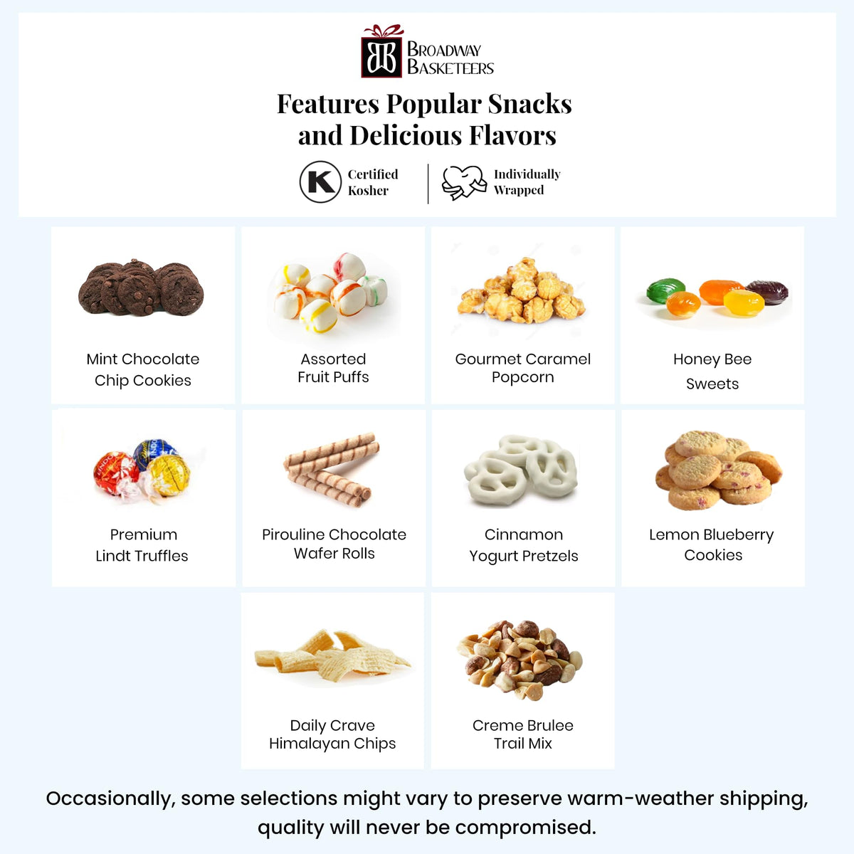 Broadway Basketeers gourmet cookie assortment highlighting premium treats.