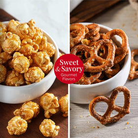 Broadway Basketeers Gourmet Popcorn in the tower, a savory-sweet snack option