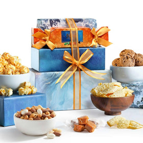 Broadway Basketeers Mother's Day basket gift tower with colorful snacks for gifting.