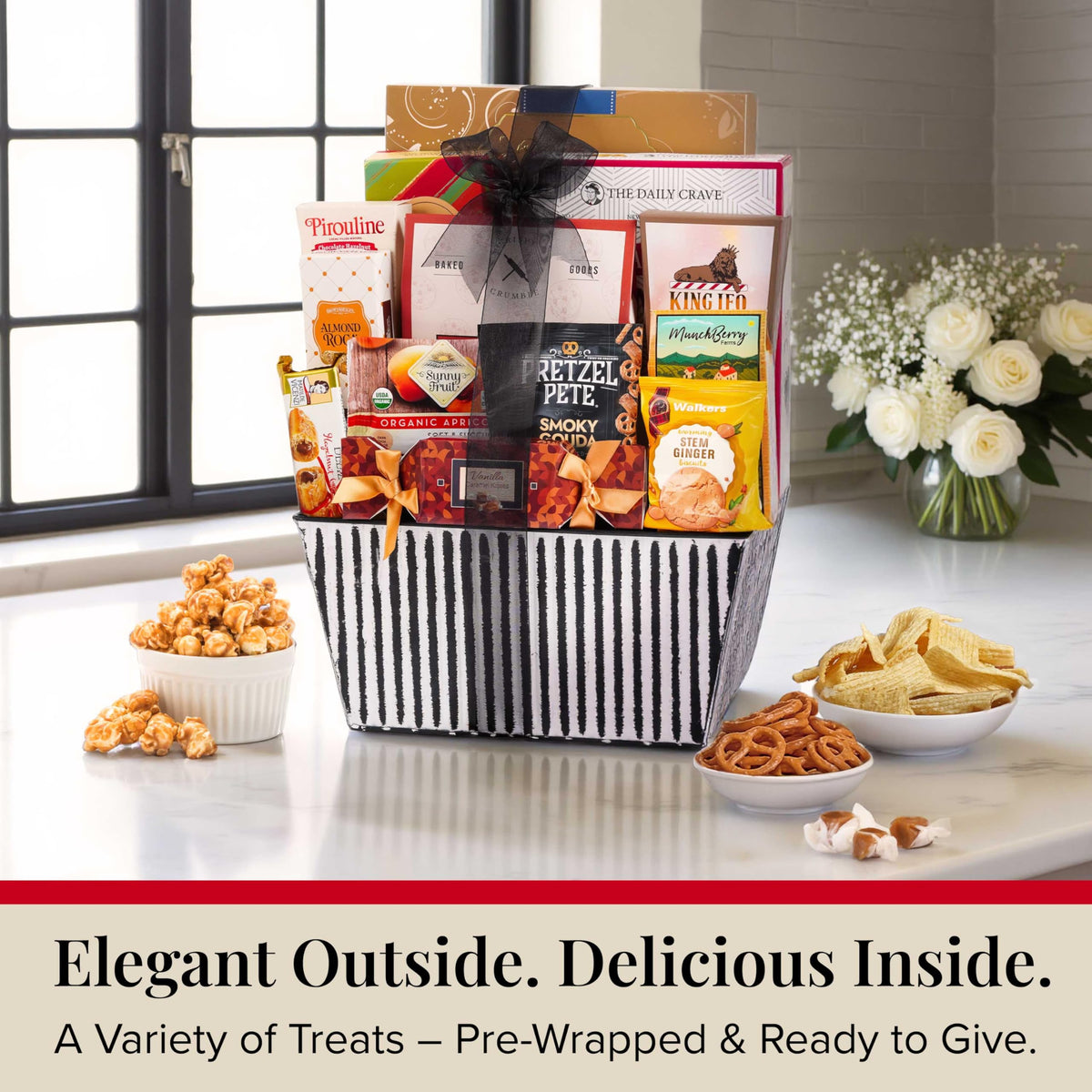Broadway Basketeers Mother's Day snack basket compact packaging, easy to wrap and gift.