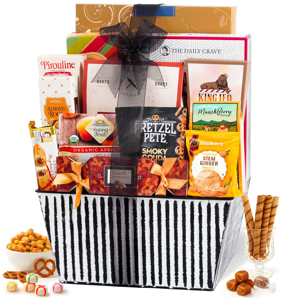 Broadway Basketeers Mother's Day snack basket front view, ready-to-share gift presentation.