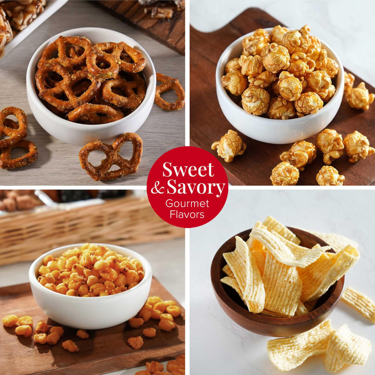 Broadway Basketeers Mother's Day snack basket pretzels close-up, crisp and savory.