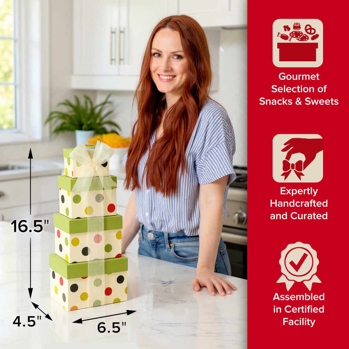 Broadway Basketeers Mother's Day Tower dimensions displayed, gift-ready size