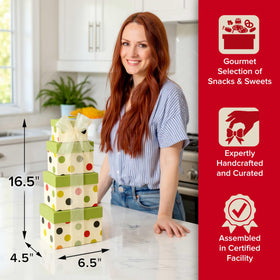 Broadway Basketeers Mother's Day Tower dimensions displayed, gift-ready size