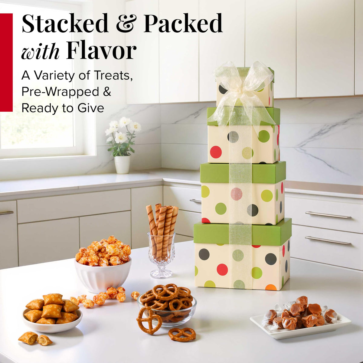 Broadway Basketeers Mother's Day Tower inside view highlights treat variety