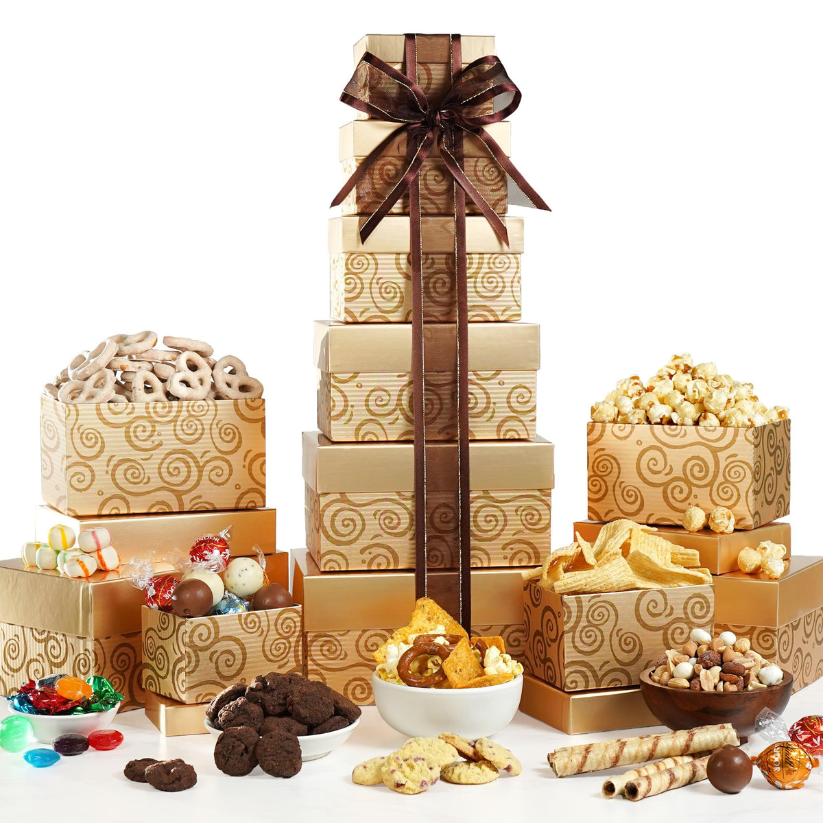 Broadway Basketeers Mother's Day tower packaging ready for gifting.