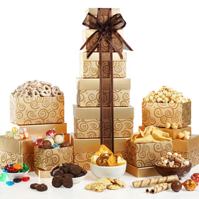 Broadway Basketeers Mother's Day tower packaging ready for gifting.