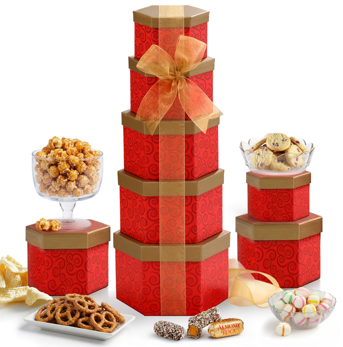 Broadway Basketeers Ruby Red Gift Tower packaging front view for celebrations