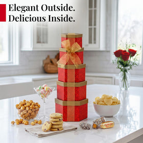 Broadway Basketeers Ruby Red Gift Tower ribbon detail adds festive elegance