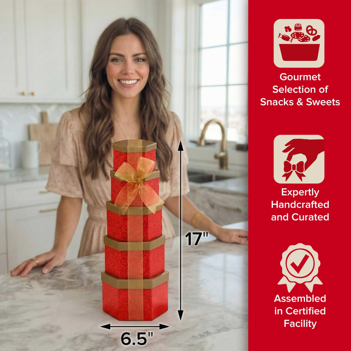 Broadway Basketeers Ruby Red Gift Tower seasonal presentation enhances celebrations
