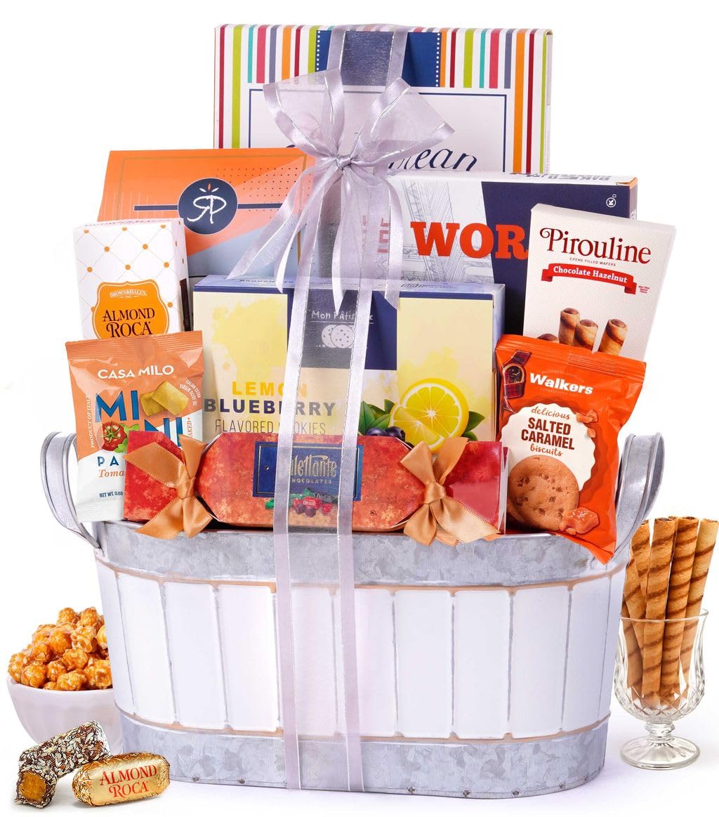 Broadway Basketeers sympathy gift basket cover highlighting premium presentation for condolences.