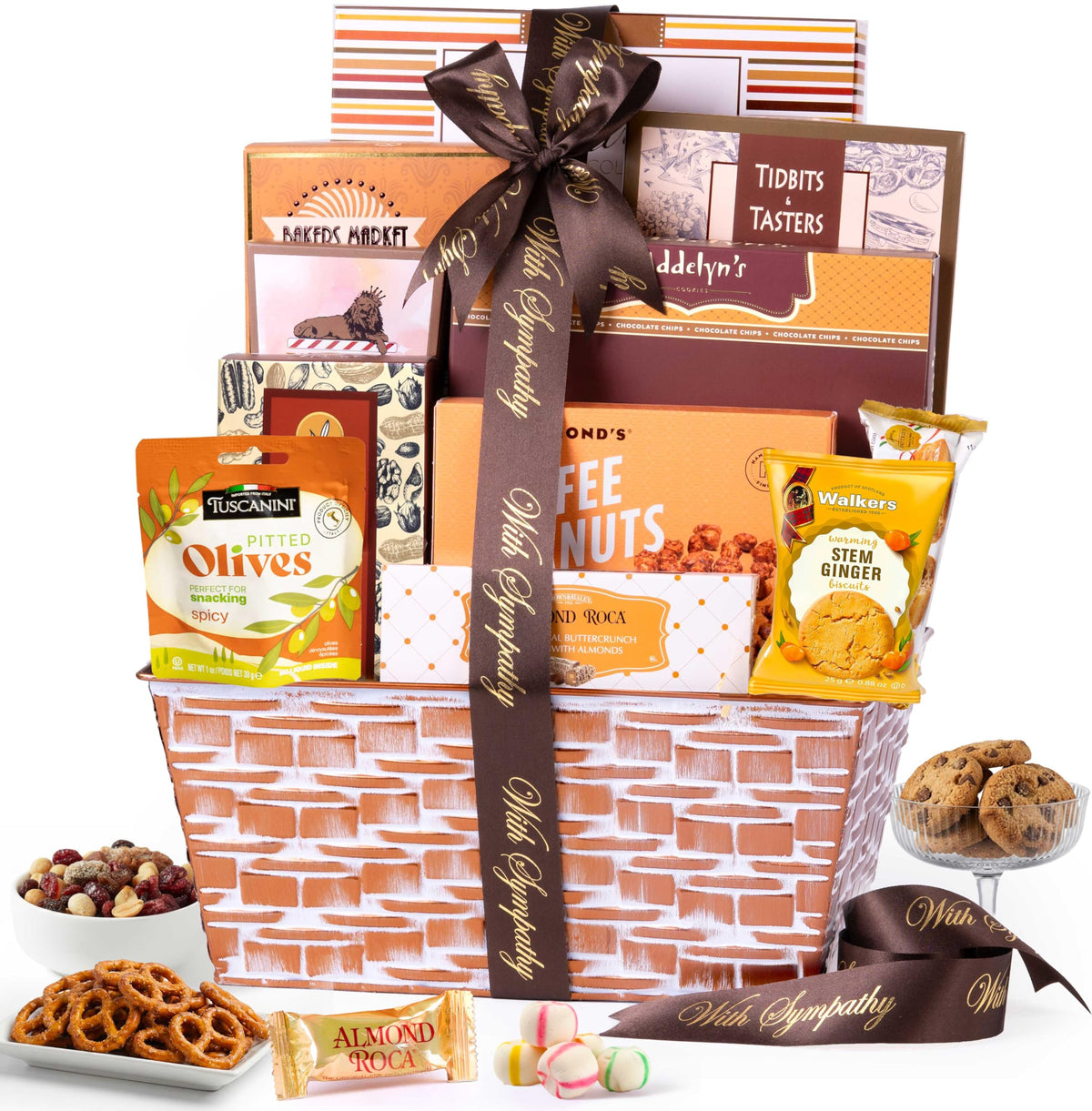 Broadway Basketeers sympathy gift basket deluxe on display, a comforting gesture for memorials and shiva