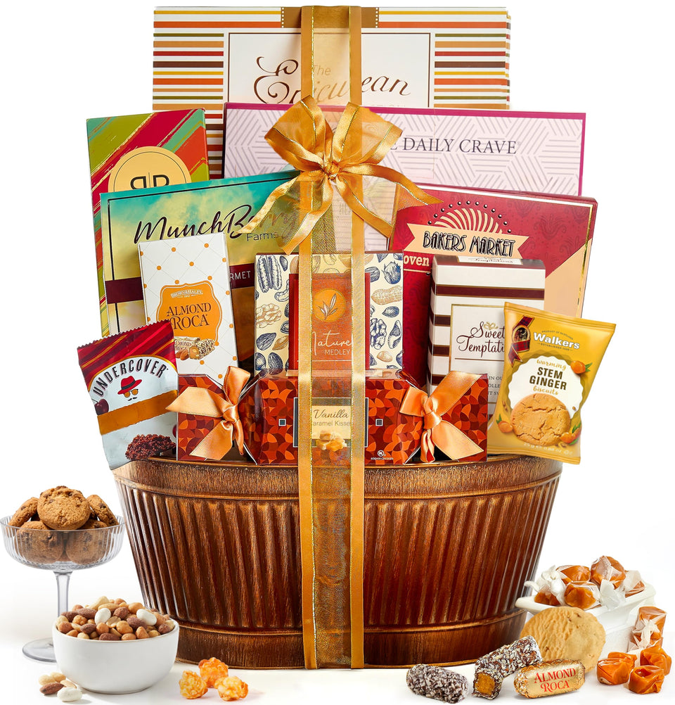 Broadway Basketeers sympathy gift basket display, premium snacks for condolences