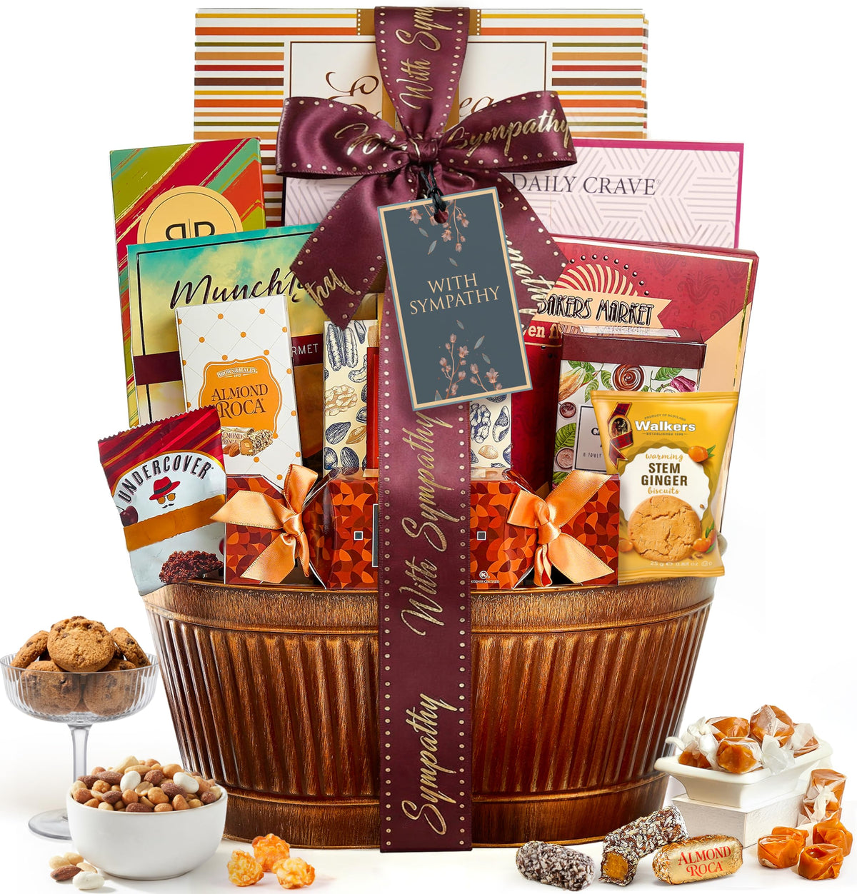 Broadway Basketeers sympathy gift basket packaging; ready-to-gift with bow.