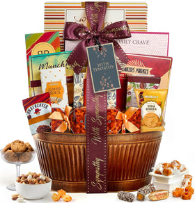 Broadway Basketeers sympathy gift basket packaging; ready-to-gift with bow.