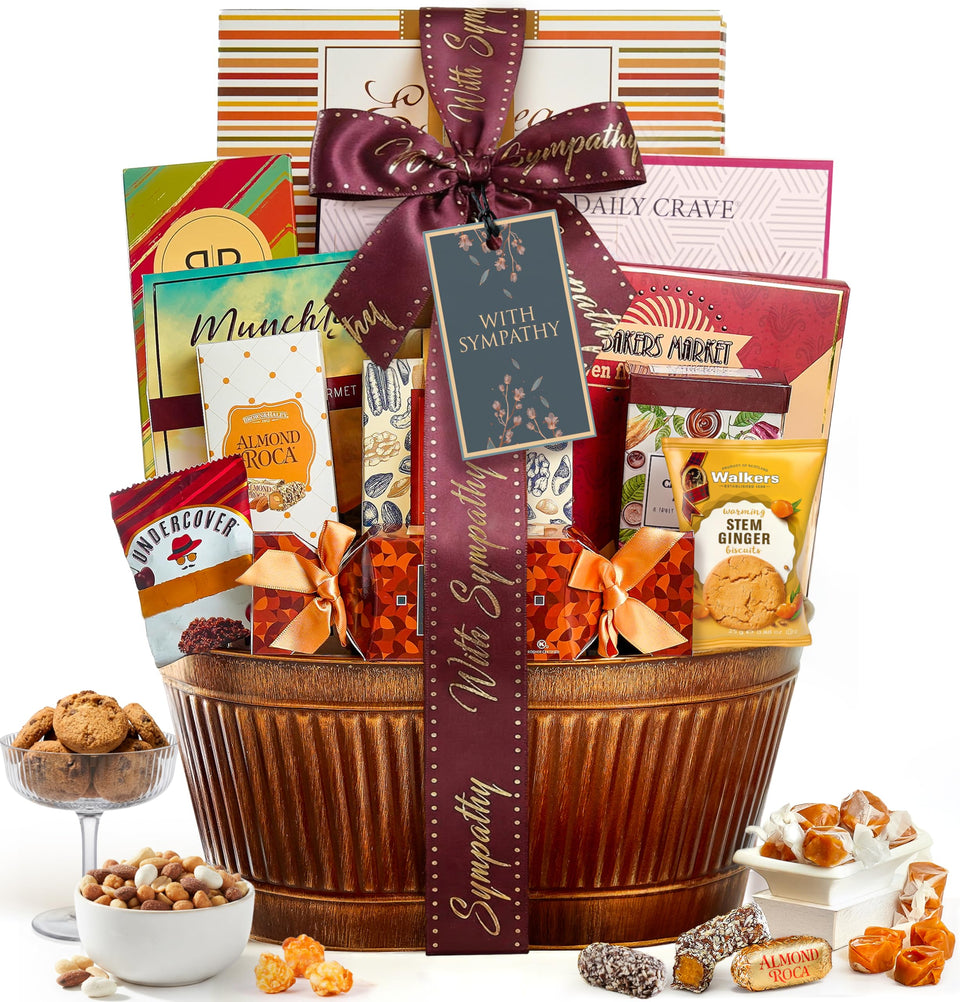 Broadway Basketeers sympathy gift basket packaging; ready-to-gift with bow.
