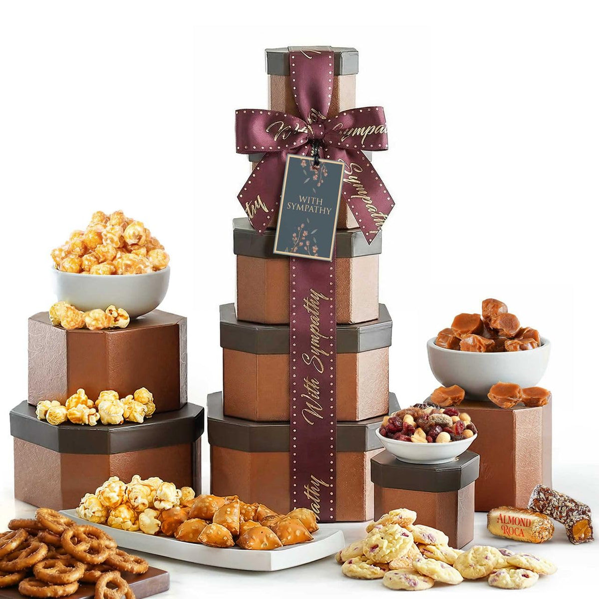 Broadway Basketeers sympathy gift basket tower, elegant tiered presentation for condolence gifting.