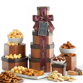 Broadway Basketeers sympathy gift basket tower, elegant tiered presentation for condolence gifting.