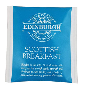 Packaging of Brodies Scottish Breakfast tea in envelope-tagged sachets for easy use.