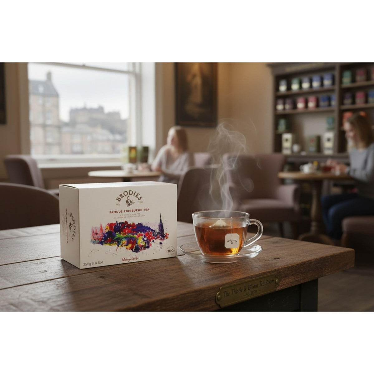 Brodies Edinburgh Tea canister showing 100 tea bags for daily brewing.