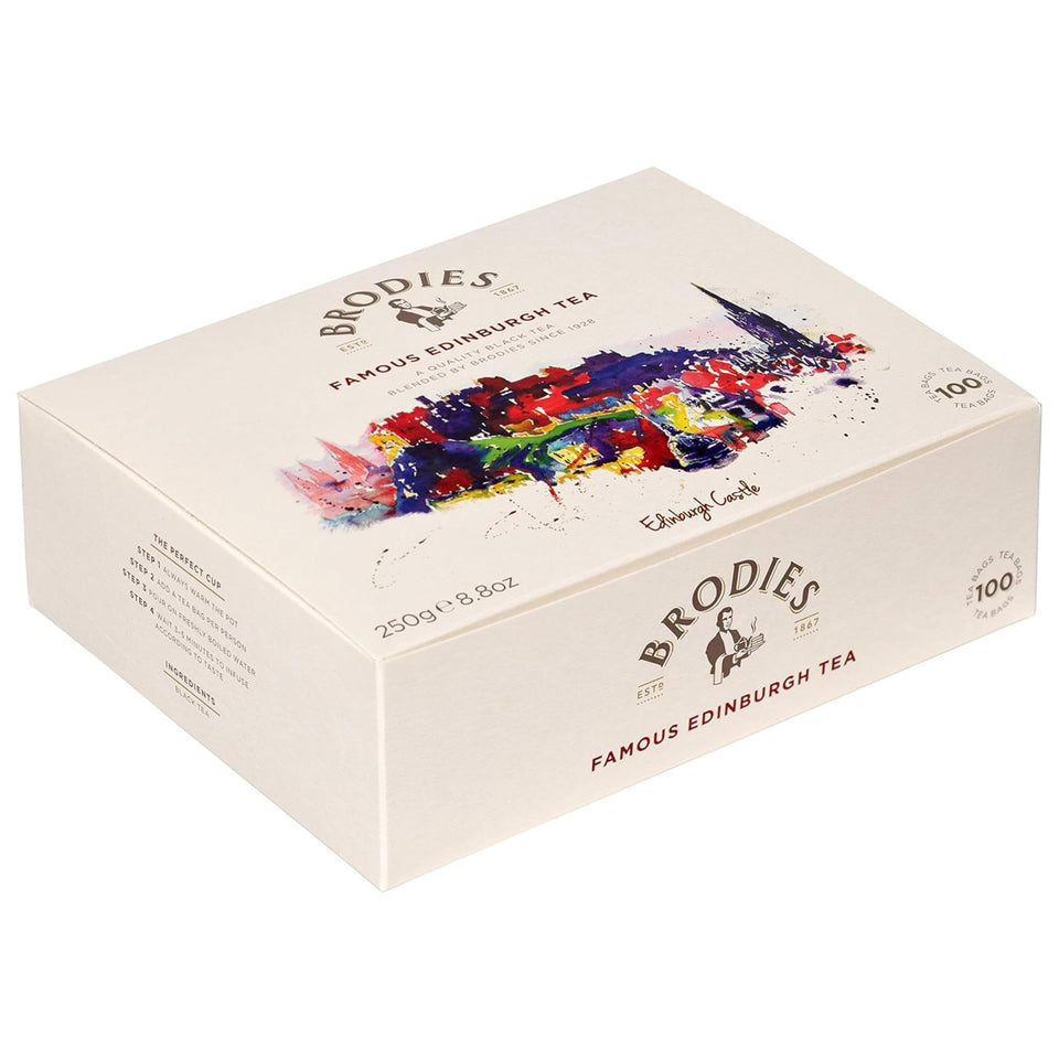 Brodies Edinburgh Tea drum packaging with Edinburgh Castle image, a gift-worthy Scottish classic.