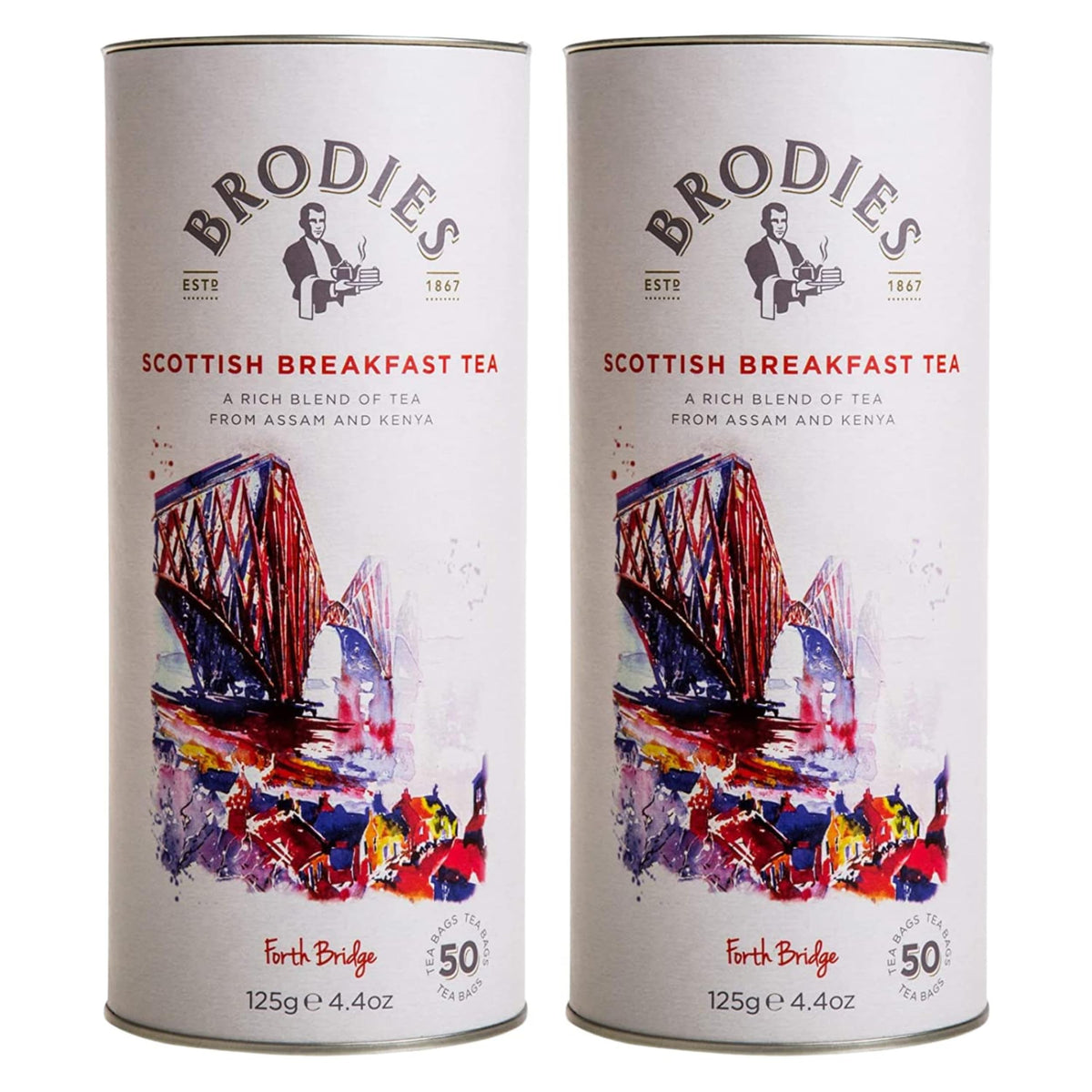 Brodies Estd 1867 Scottish Breakfast canister with 50 bags, ideal for mornings.