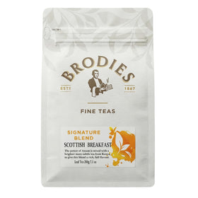 Brodies Scottish Breakfast tea loose leaf in tin with bold aroma and brisk flavor.